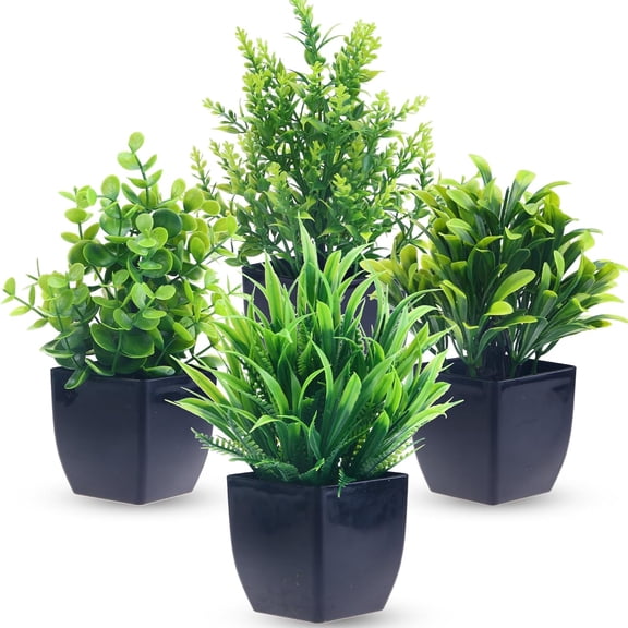 "4 Pack Fake Plants in Black Pot Mini Artificial Eucalyptus Potted Plant Small Faux Grass Greenery Potted for Indoor Home Office Farmhouse Bathroom Table Decoration