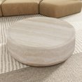 thumbnail image 4 of 31.49''  Round Coffee Table with Marble Texture, Modern Drum Circle Center Table, Fiberglass Low End Table for Small Space Apartment Office, No Need Assembly, Faux Travertine Textured, 4 of 7