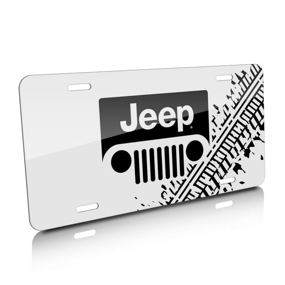 Jeep Grill Logo on Off-Road Tire Mark Graphic White Special Aluminum Metal License Plate