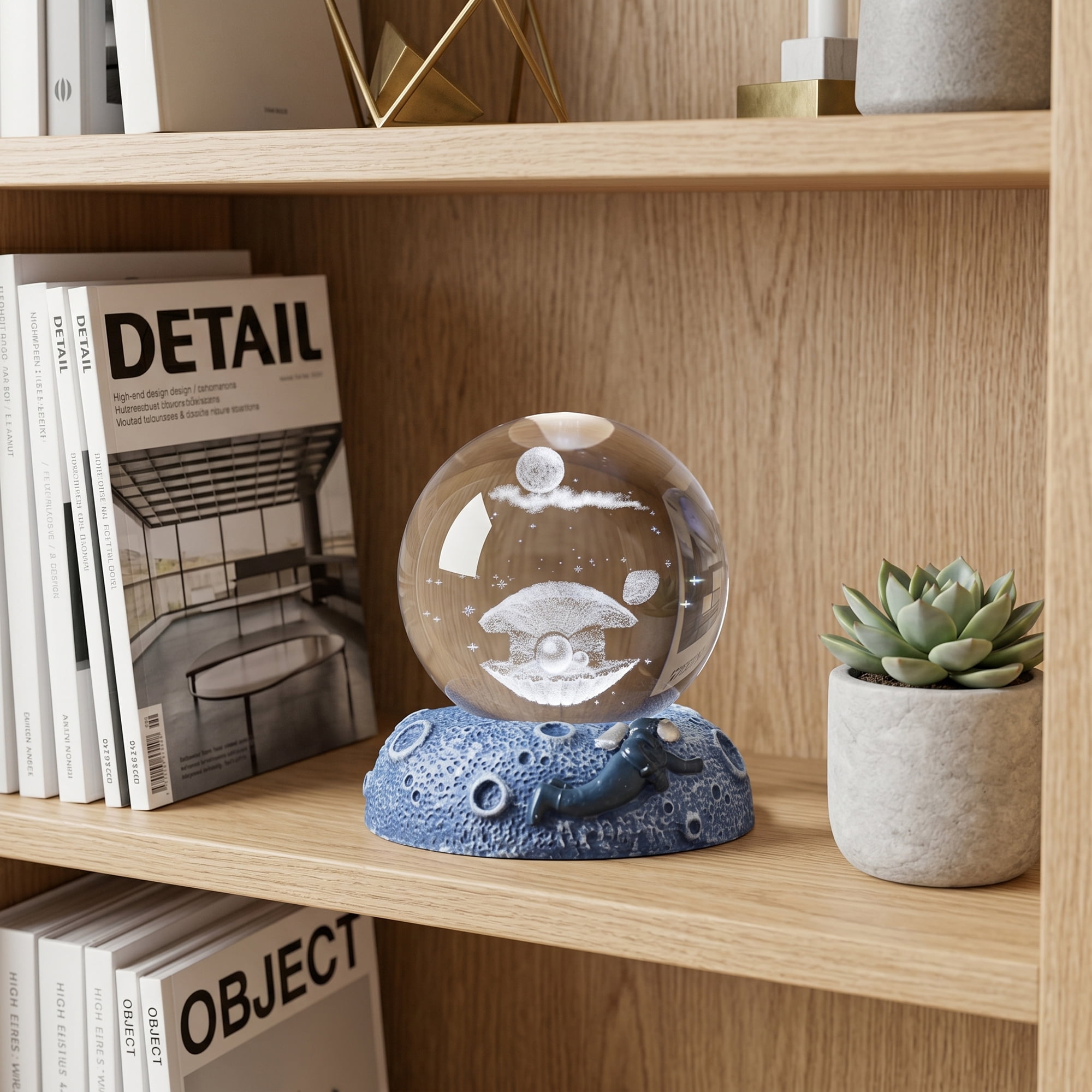 Unique Bargains Glowing Crystal Ball Figurine 3D Glass Ornament with LED Light Base Blue Style F 2.4"x2.4"x3.1"