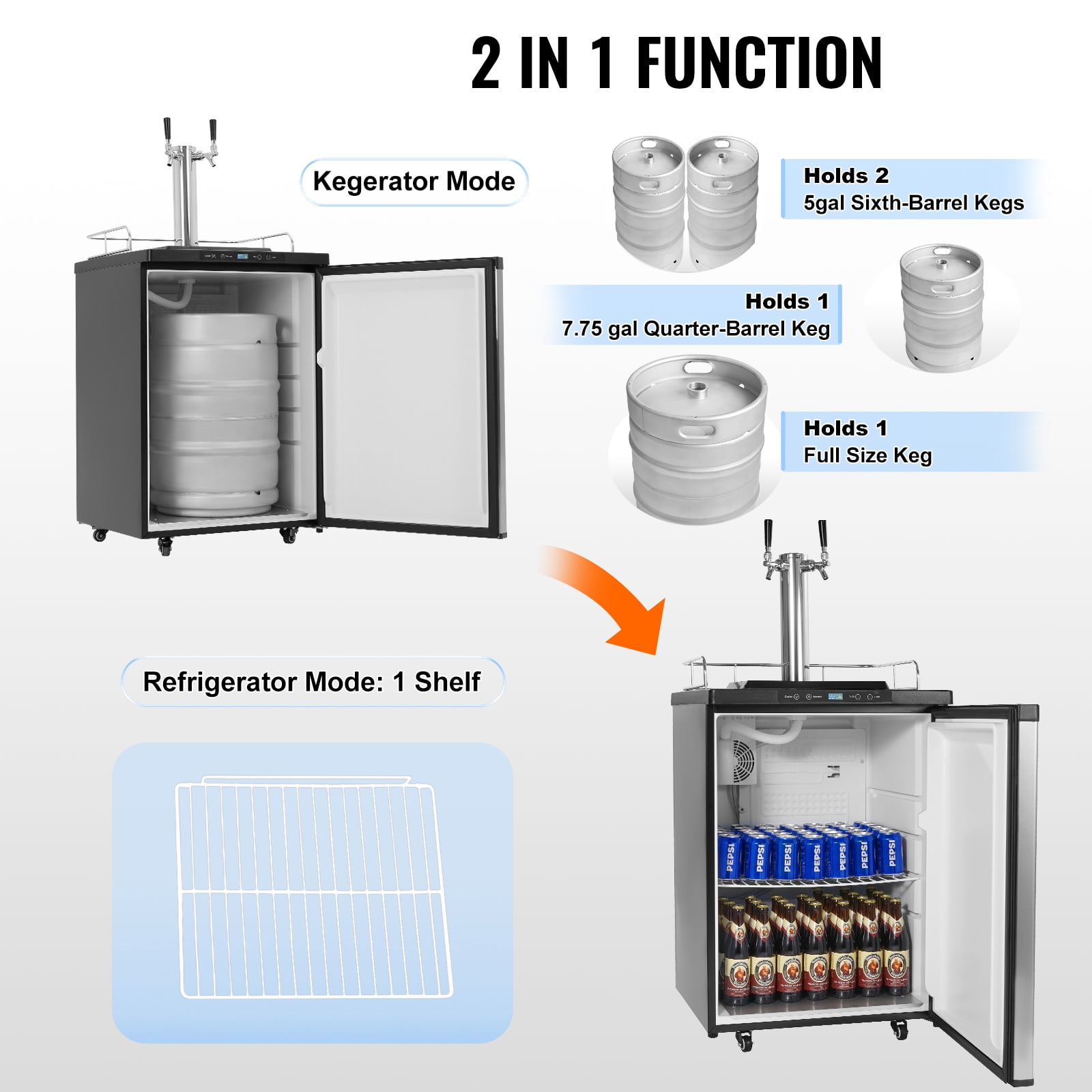 KFFKFF Dual Tap Beer Cooler, Keg Fridge with Shelf, CO2 Tank (Empty), Drip Tray & Guardrail, Temp Range 23°F-82°F, 162L Capacity, Silver