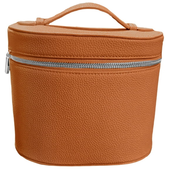 Vanity Case Travel Makeup Bag with Handle, Brown PU Leather Round Organizer, Waterproof Zippered Cosmetic Storage, Detachable Dividers, Holds Bottles for Toiletries and Skincare