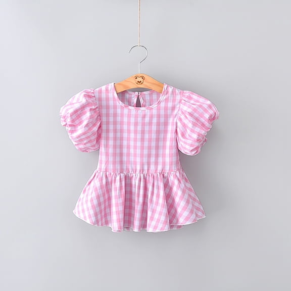 TAIAOJING Girls Crop Top Short Sleeve Summer T Shirt Summer Plaid Top Pleated Hem Crew Neck Casual Seaside Exclusive For 0 To 6 Years 6-12 Months