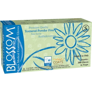 Blossom Latex Powder Free Textured Exam Gloves with C.O.A.T.S., Size Medium, 100 Gloves Per Box, Sold by Box
