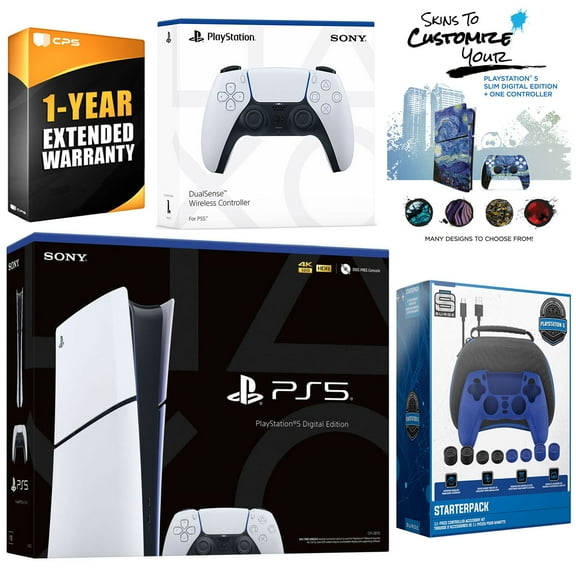 Sony Playstation 5 Slim Digital with Extra White Controller, Gamer Starter Kit and MightySkins Decal Voucher Plus 1 Year CPS Extended Warranty