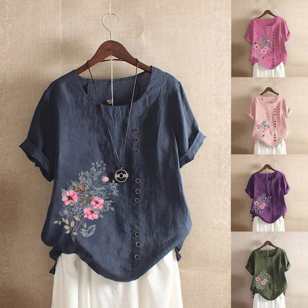 Fiudx Ofertas Flash Del Día Solo En Línea Camiseta de Verano con Cuello Redondo y Manga Corta para Mujer, Informal, con Botones Impresos