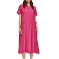 thumbnail image 5 of CHGBMOK Sundresses for Women 2025 Casual Spring and Summer Loose Short-sleeved V-neck Solid Color and Linen Shirt Dress Sizes S-3XL, 5 of 7