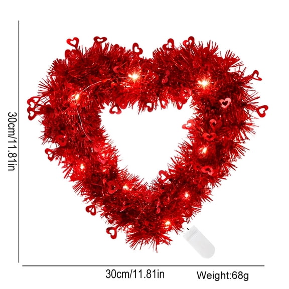 Big Clearance! Pre-Lit Valentine Heart Shaped Wreaths Red Tinsel Heart Shaped Wreaths with Foil and LED Light Hearts Love Hanging for Valentine's Day Wedding Front Door Wall Window Decor