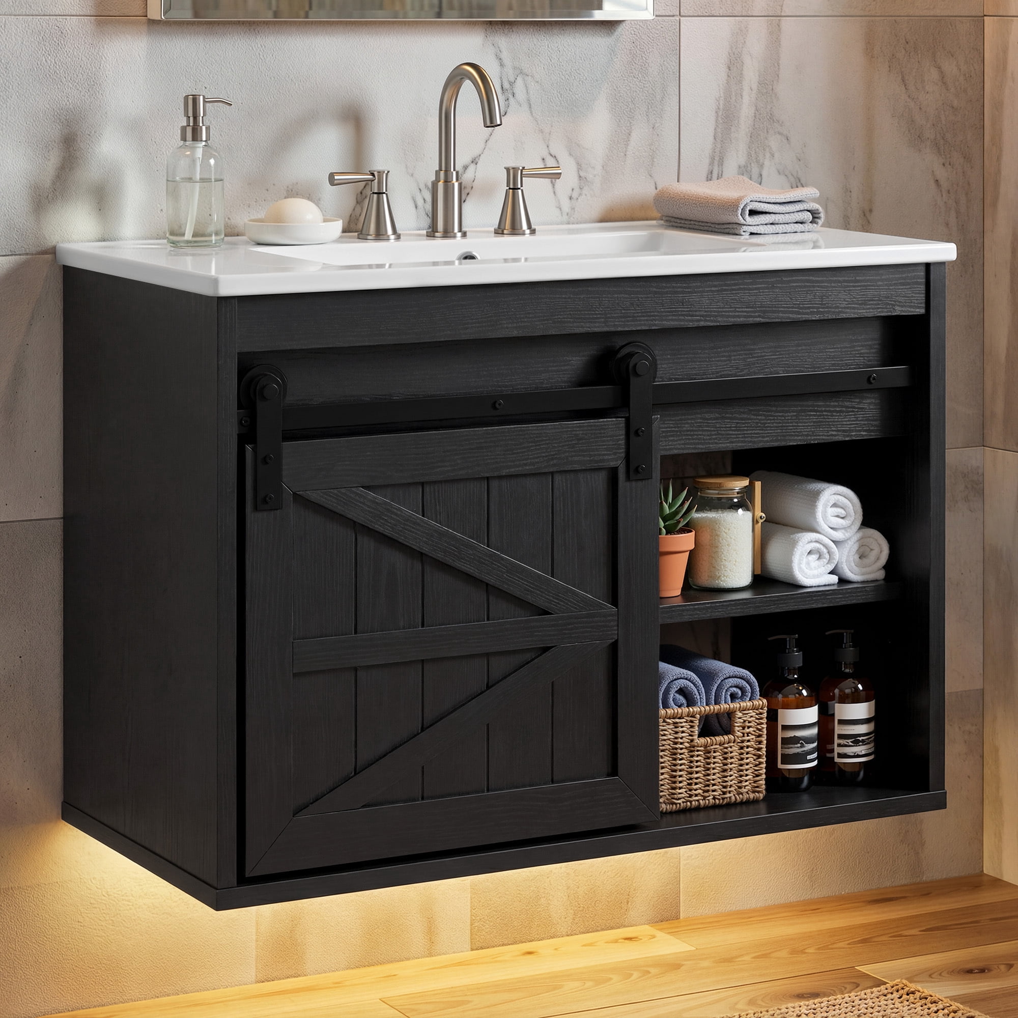 Uforic 24 Inch Farmhouse Floating Bathroom Vanity with Ceramic Sink, 7-Color LED Ambient Light & Sliding Barn Door for Small Compact Bathroom Spaces, Black