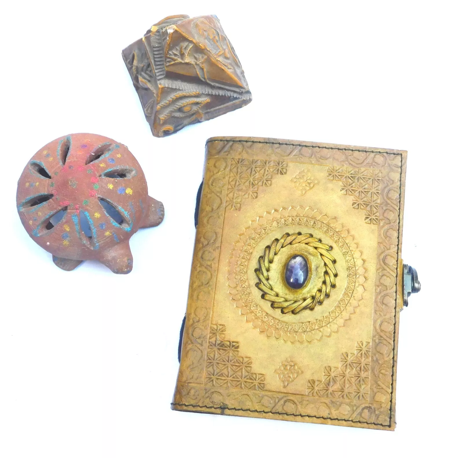 Handcrafted Embossed Design Vintage Leather Bound Journal Healing Stone Grimoire Diary Blank Notebook For Men & Women (Pack of 2)