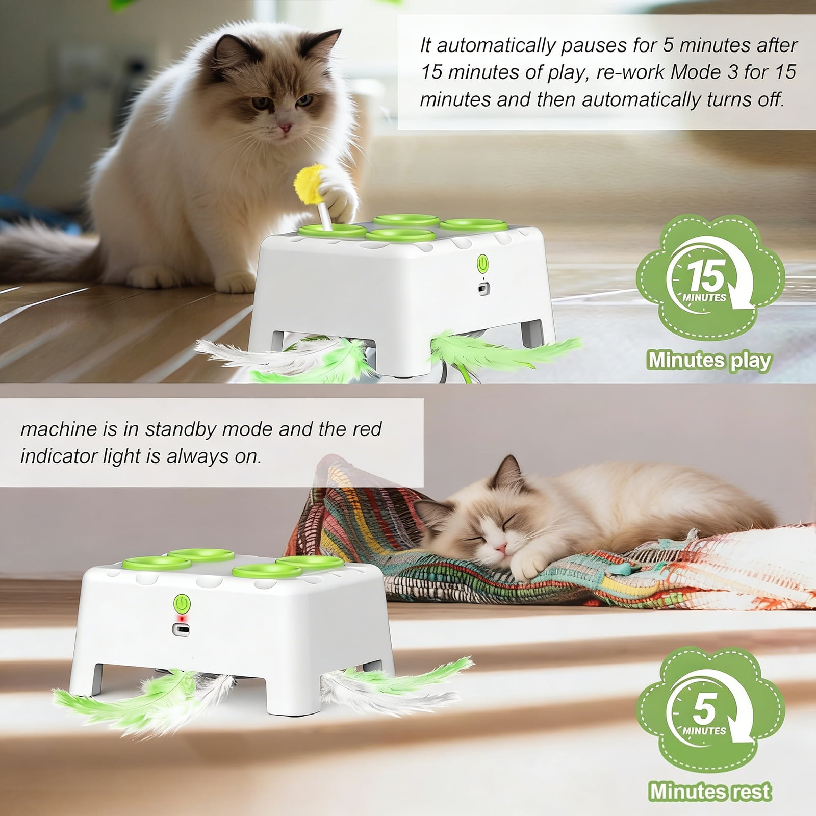 Cat Toys, Interactive Cat Toys, 2-in-1 Automatic Cat Toy, 4 Holes Mice Whack A Mole Cat Mouse Toy with Moving Feather, Portable USB Rechargeable Electronic Kitten Toys，Green