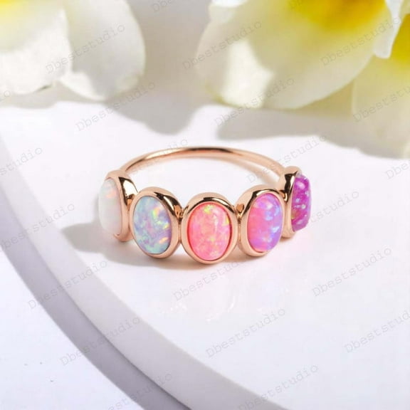 DBESTSTUDIOS 6X4 MM 1 CT Oval Cut Pink Fire Opal Wedding Band Women Matching Gold Band Rose Gold Half Etrernity Jewelry Unique Statement Gift