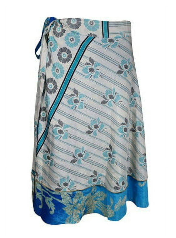 Mogul Womens Wrap Skirt, Short Blue White Floral Skirt One Size