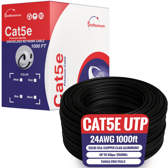 1000ft Cat5e Solid 24AWG Ethernet Network Cable – UTP Unshielded Bulk LAN Copper Clad Aluminum Wire Pull Box for Internet, Router, Switch, PC, Black