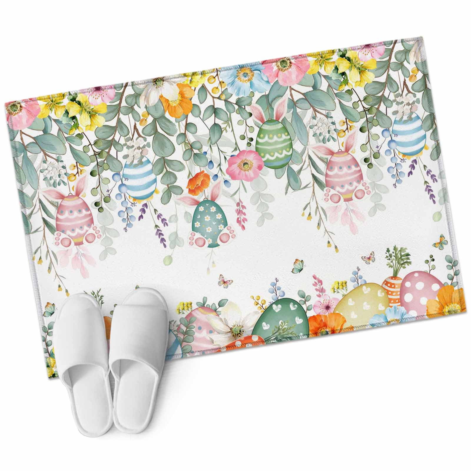 Rectangle Area Rug 2x3ft Watercolor Easter Eggs Flowers Non-Slip Non-Shedding Floor Mat Spring Floral Leaves Plant Washable Sturdy Carpet for Living Room Bedroom Home Decor