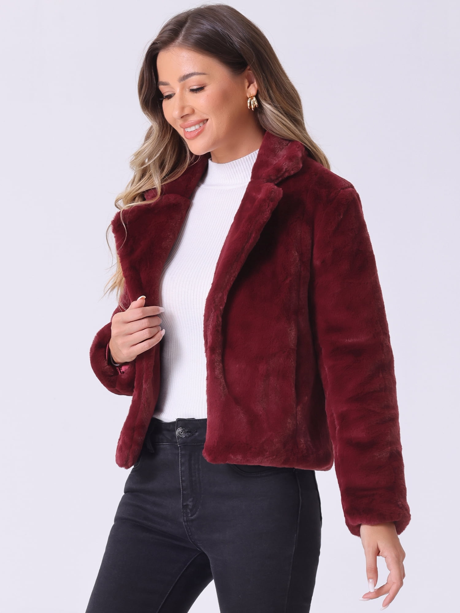 DARING DIVA Women's Cropped Notch Lapel Faux Fur Fluffy Coat XS Burgundy
