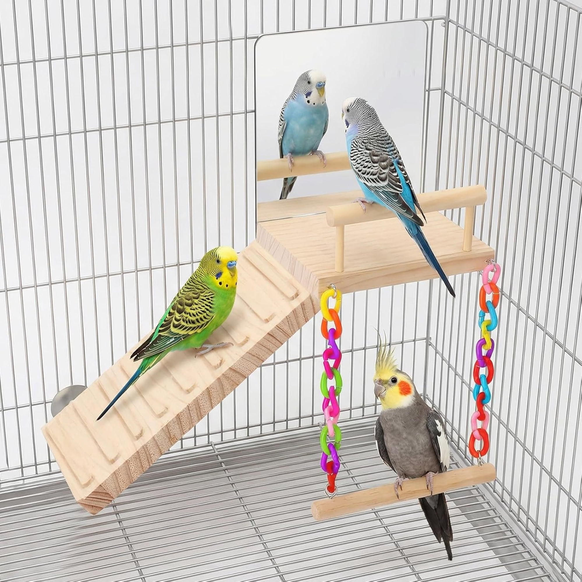 BESTSKY Bird Perch Platform Toy Set (Includes Mirror,Climbing Ladder,And Swing),Wooden Play Frame,Parrot Cage Accessories,Suitable for Budgerigars,Lovebirds,Canaries,And Various Other Birds