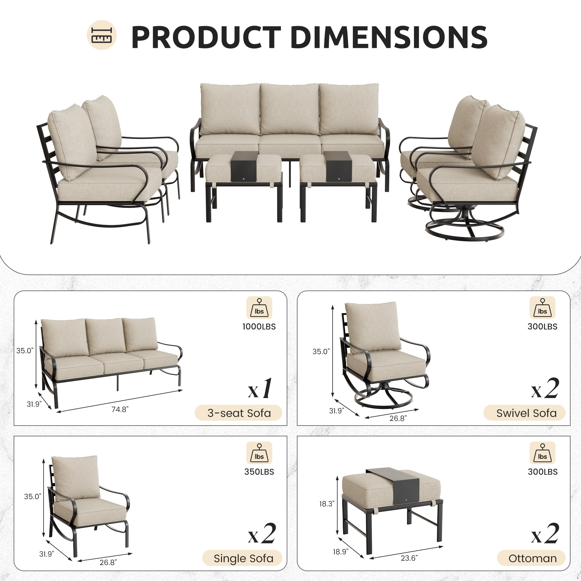 Poteban Aluminum Patio Furniture,Outdoor Metal Sectional Sofa with Table and Waterproof Covers,Blue Modern Patio Furniture Set for Garden Backyard