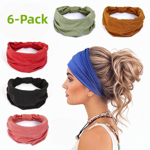 6-Pack Non Slip Headbands for Women, Soft Elastic Sports Yoga Hair Bands for Workout & Running, Boho Knotted Turban Headwraps