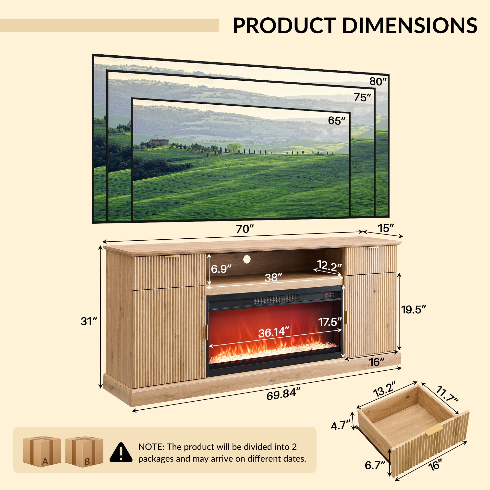 SinCiDo 80" Fireplace TV Stand 80 inch, Modern Entertainment Center with Drawers and Doors