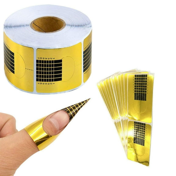 Nail Art Forms Sticker, 1 Roll of 500pcs Nail Paper Holder Acrylic UV Gel Nail Art Extension Guide DIY Nail Shape Stickers(Golden Square-shape)
