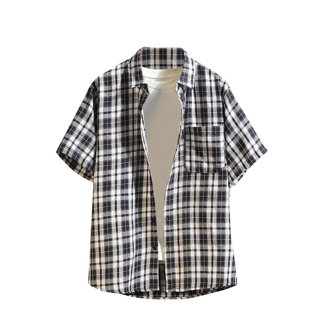 Camisas de los Hombres de Manga Larga Casual Botón de Comprobación Bolsillo Solapa Camisa de Moda, Poliéster Cuadrado