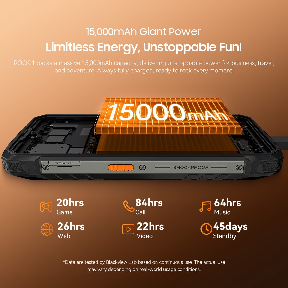 Blackview Rock 1 Android 16 Outdoor Mobile Phone without Contract 4G, 24GB + 256GB, 15000mAh Outdoor Smartphone, 6.56 Inch HD+ Dual Pantalla, 20MP + 16MP, IP68 Waterproof Construction Site Mobile