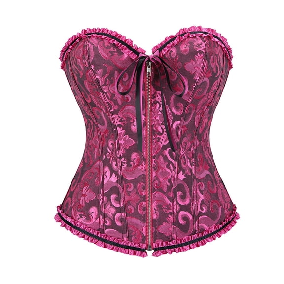 FASHOFT Hot Pink Renaissance Corset Top For Women Cosplay Court Style Zip Closure Bustier Top Boned Waist Cinching Tight Fit Costume Body Shaper Pirate Corset L