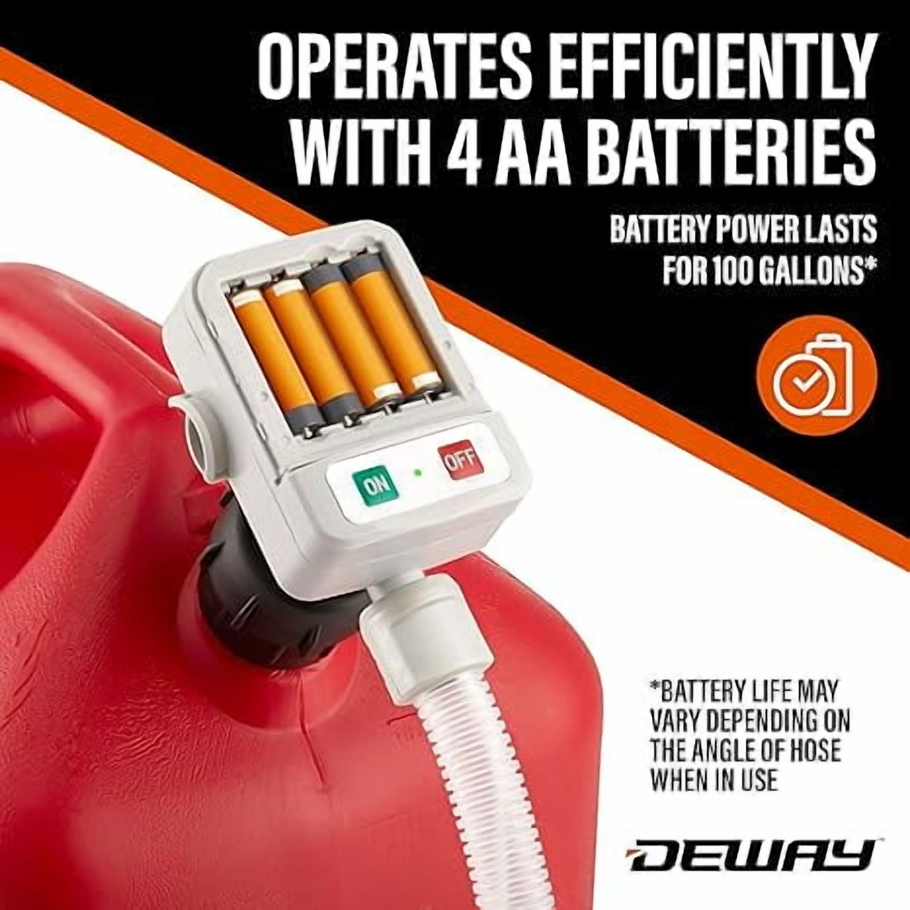 Deway Fuel Transfer Pump, Battery Powered, 51" Hose with 2.4GPM Basic Clip-On Nozzle & 3 Adapters