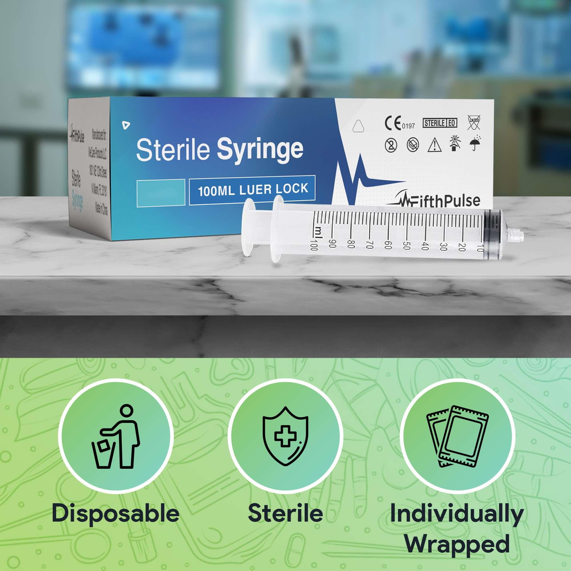FifthPulse 100 ml Syringe without Needle - 5 Pack of Disposable Syringes - Medical, Scientific Lab, Home Use, and More - Sterile Luer Lock
