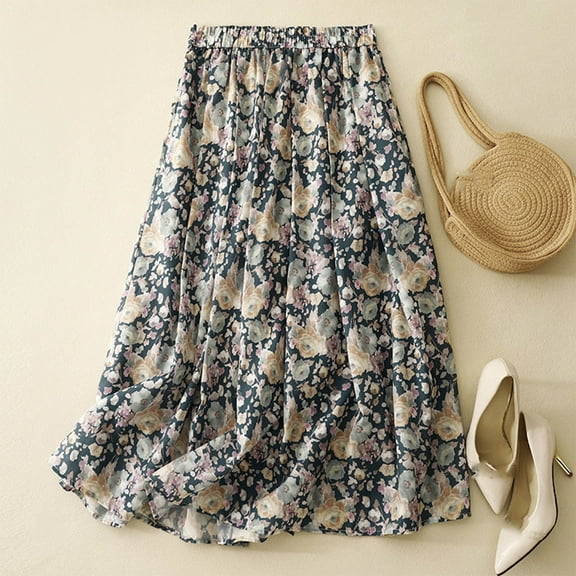 Njagoc3 Effortless Elegance: Womens Paper Bag Waist Midi Skirt in Color-Block | Flowy A-Line Silhouette | Lightweight Rayon Blend | Summer Office to Cocktail Transition