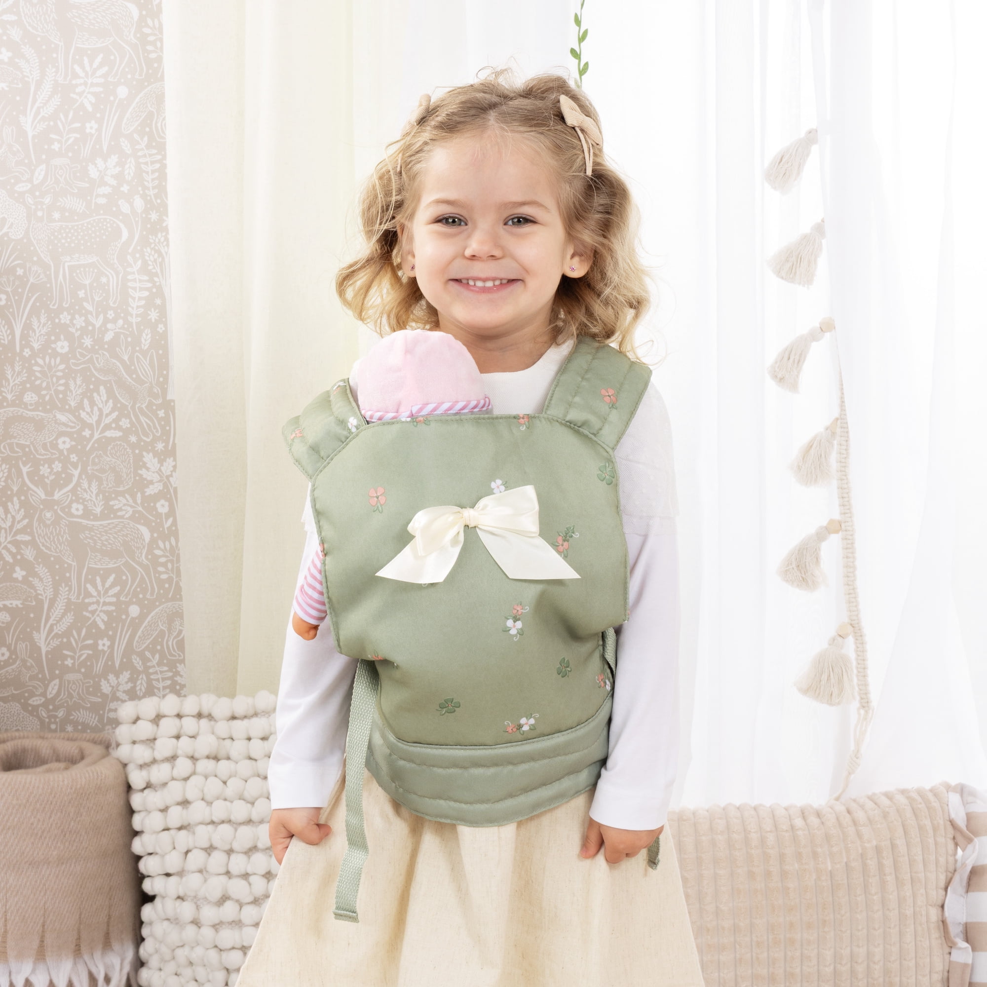 Bayer Design: Doll Carrier - Green & Flowers - Travel Play Accessory, Adjustable Padded Shoulder Straps, Lockable Hip Belt, Toy Fits 18" Dolls, Kid 3+