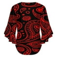 thumbnail image 6 of Paisley Pattern Red On Black Background Bandana Women's V-Neck Blouse With 3/4 Ruffled Bell Sleeves Casual Top Ladies Blouses, 6 of 7
