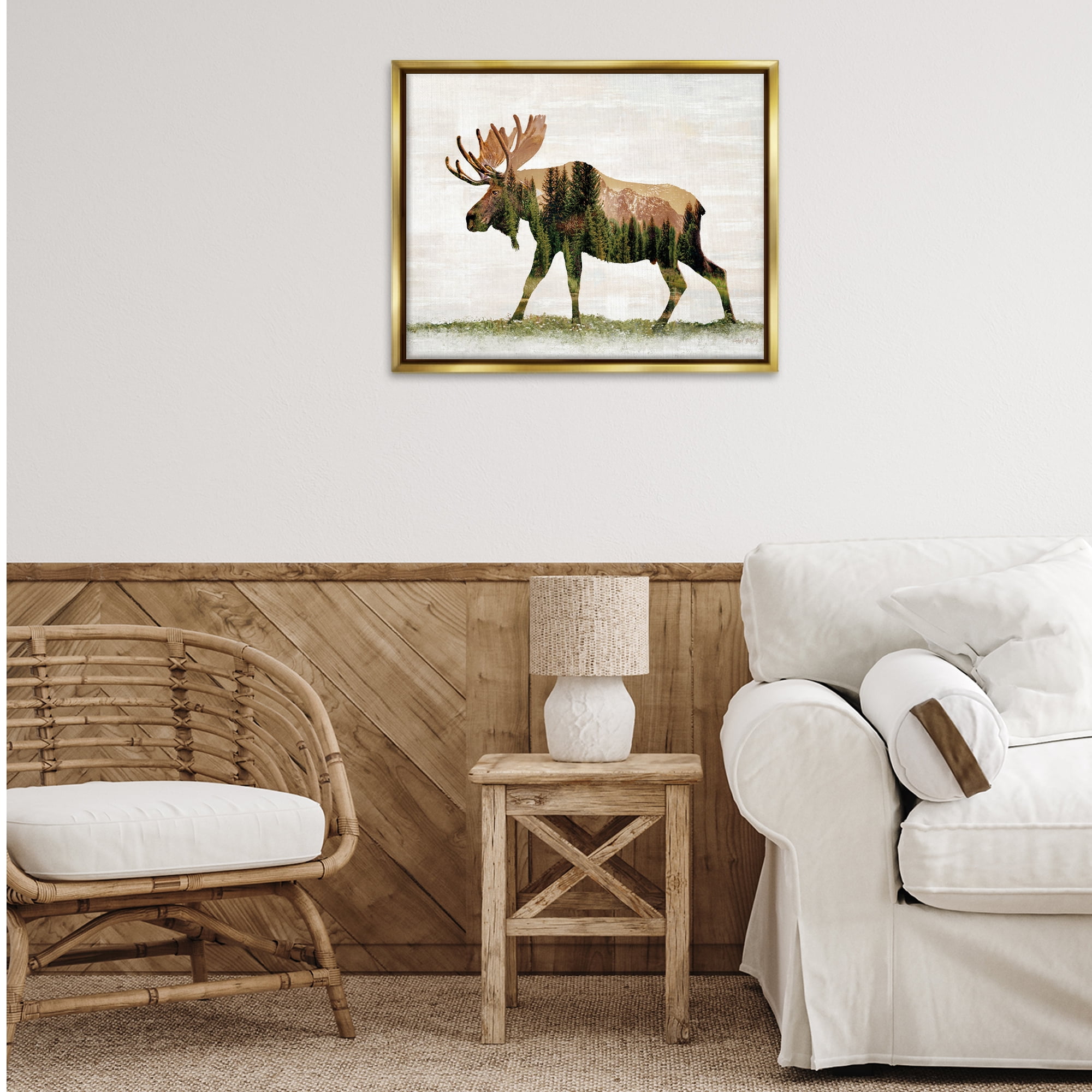 Stupell Industries Forest Pattern Moose Animals & Insects Painting Gold Floater Framed Art Print Wall Art, 31 x 25