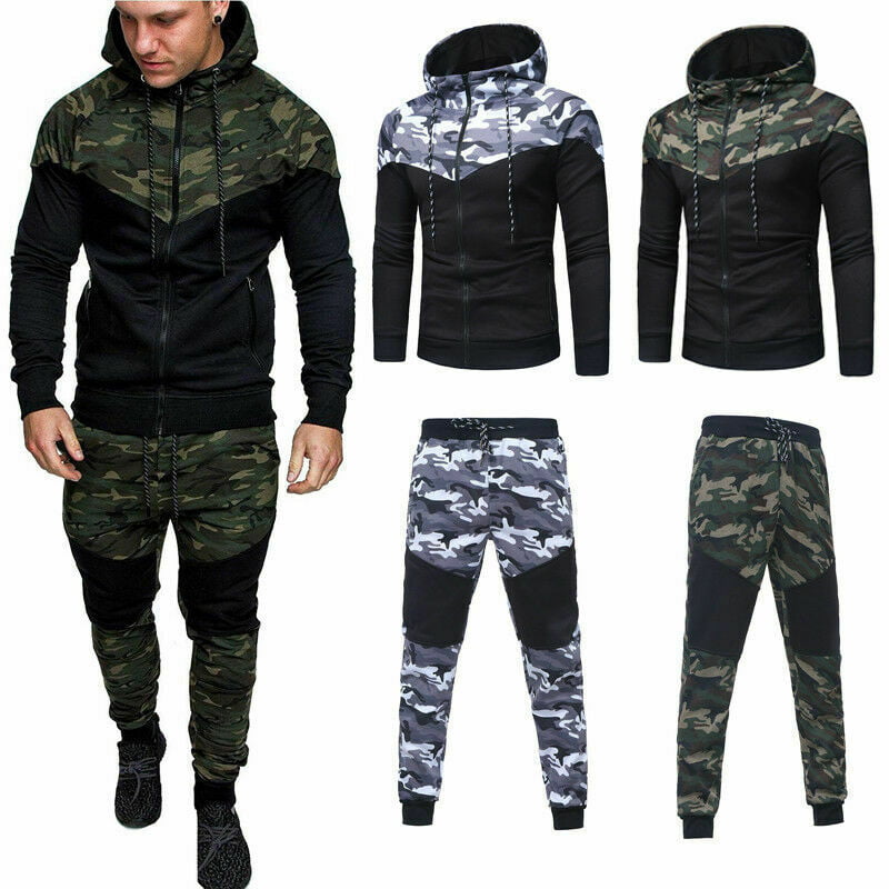 Mens Tracksuit Camouflage Design Slim Fit Joggers Pants Bottoms & Zip Hoody 