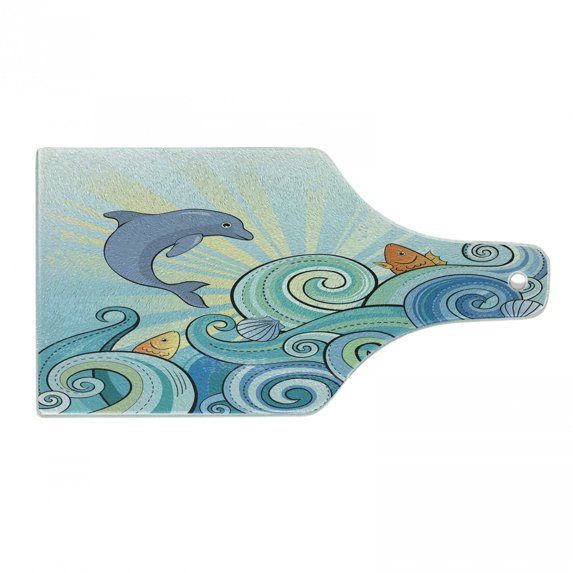 Sea Animals Cutting Board, Dolphin Fish Starfish Shells in Ocean Marine in Summer Pattern Print, Decorative Tempered Glass Cutting and Serving Board, Wine Bottle Shape, Multicolor, by Ambesonne