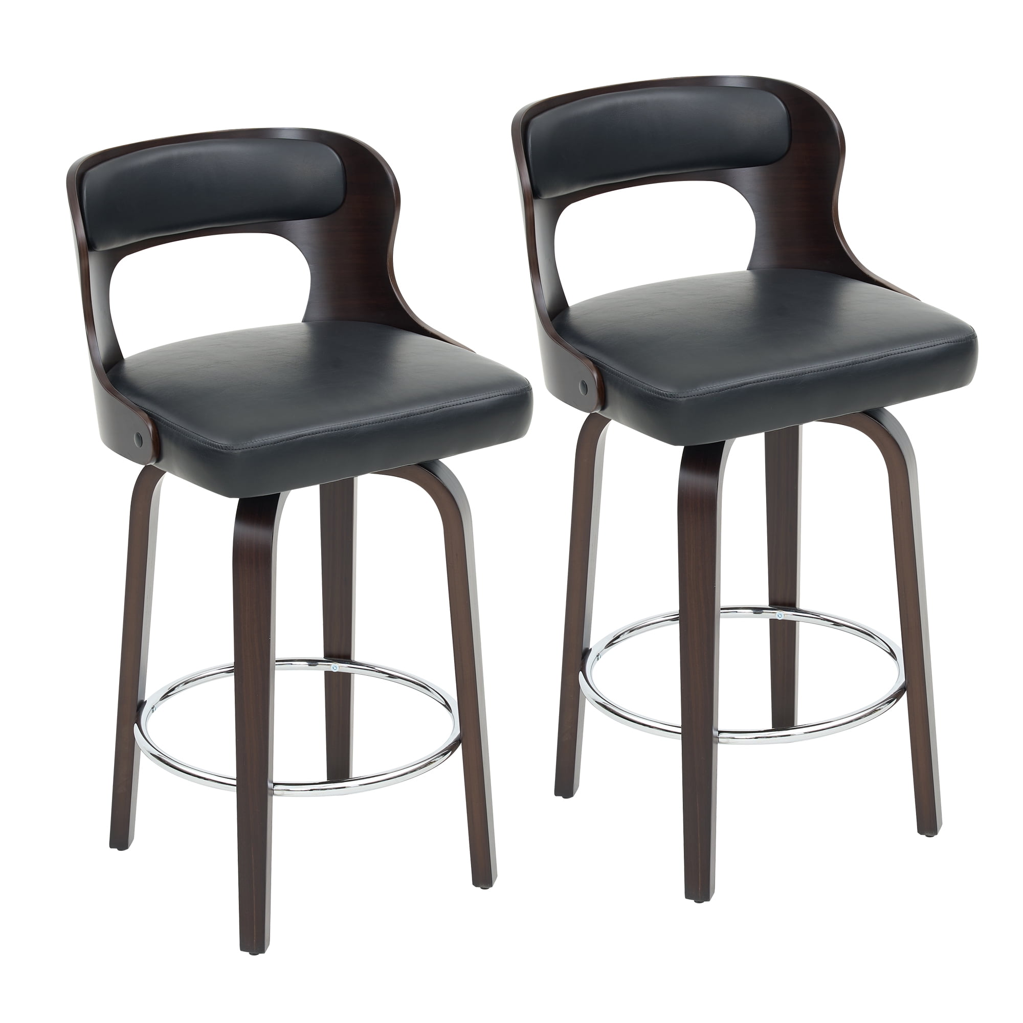 FANCROU 26 inch Swivel Counter Height Bar Stools Set Of 4, PU Leather Seat With Bentwood Back And Legs, Black