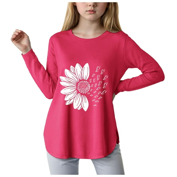 WUANDIXFA Kids Girls T Shirts Casual Printed Flowers Long Sleeve Tee Crewneck Color Block Cute Fall Blouses Tops (Red, 9-10 Years)