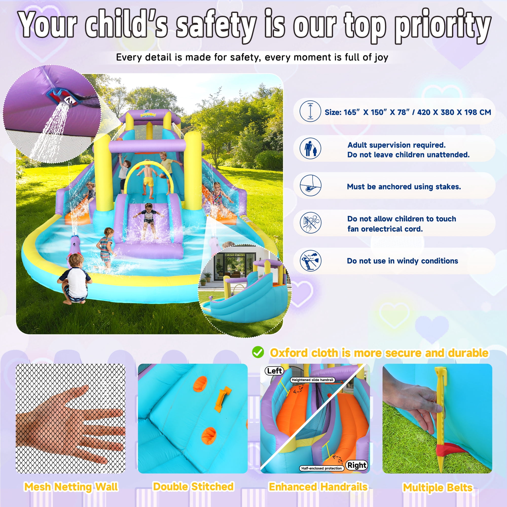 Anypool 7-in-1 Inflatable Water Slide Bounce House with 3 Slides, Splash Pool, Climbing Wall, Water Gun & Basketball 168 x 150 x 78 inches 520W Blower Outdoor Backyard Fun