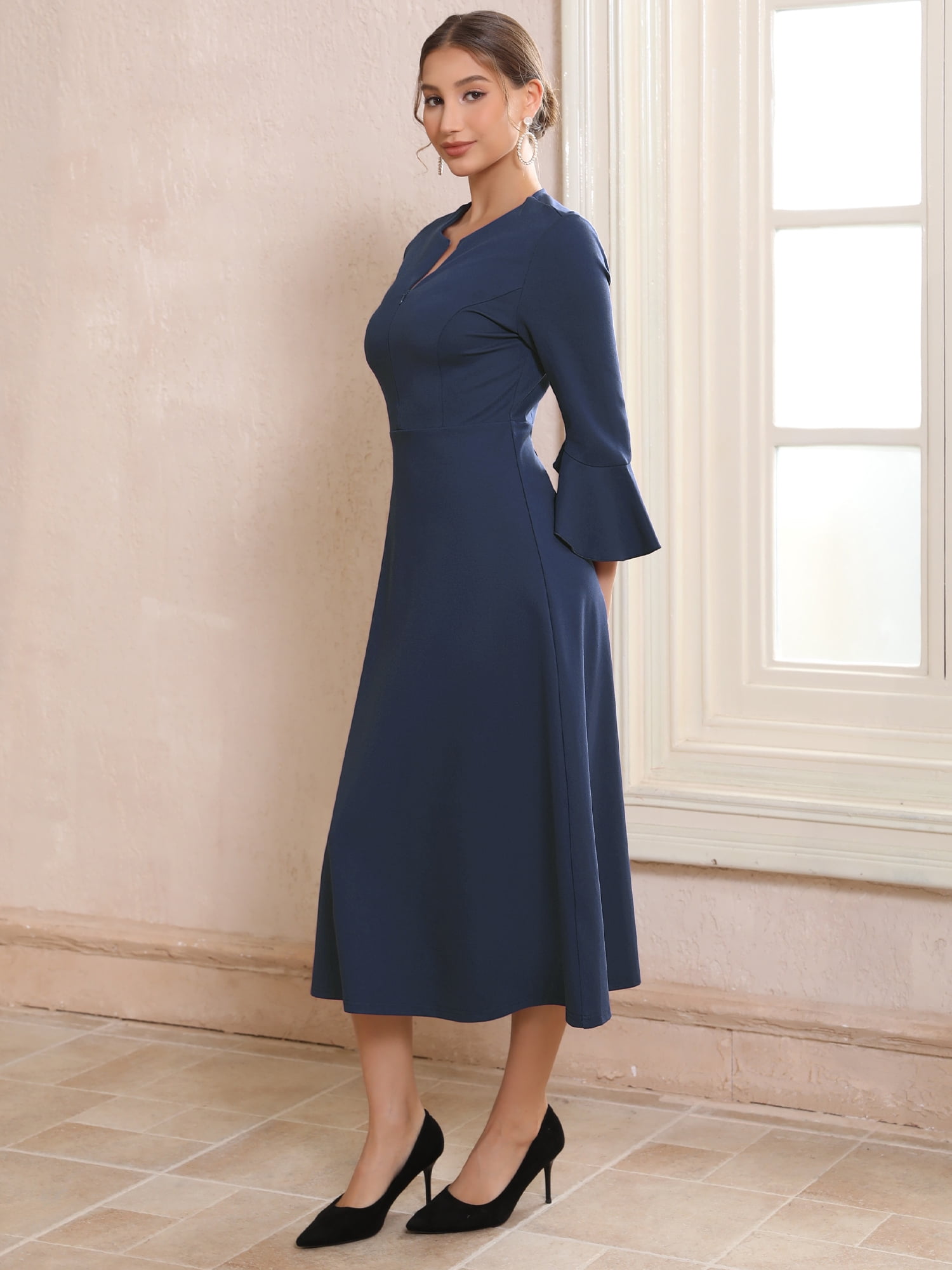 DARING DIVA Women's Zipper Front Bell Sleeves Midi A-Line Dresses M Dark Blue