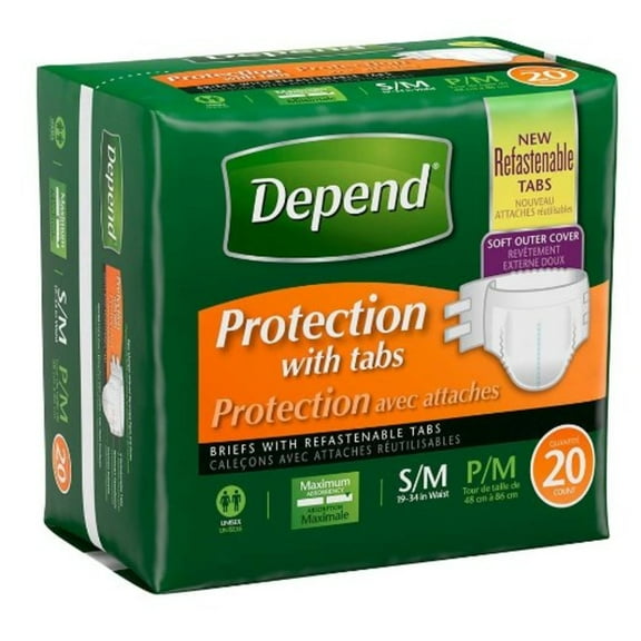 Depend Protection Briefs with Tabs Small/Medium 19"-34" - Package of 20, Pack of 4