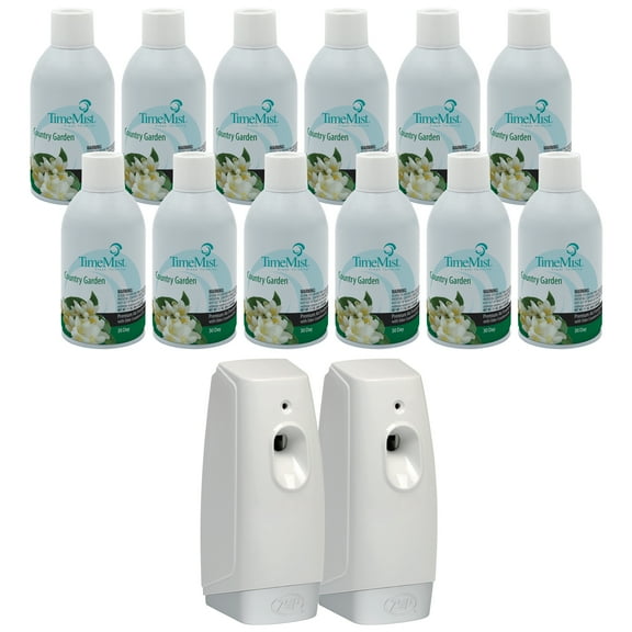 TimeMist Premium Metered Air Freshener Refills, Country Garden (Case of 12) with Meter Mist 3000 Ultra Dispenser (2 Pack)- 1042786 - Lasts Up To 30 Days and Neutralizes Tough Odors