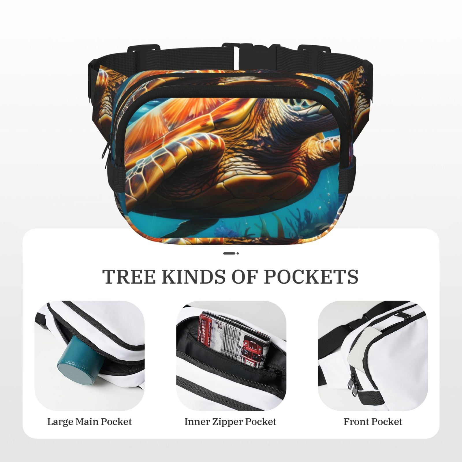Picia Colorful Flower Sea Turtle Print Square Double-Layer Waist Bag Mini Adjustable Waist Belt Bag Exercise Running Travel Hiking