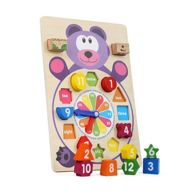 1 Set Wooden Clock Toys Cute Cartoon Animal Jigsaw Board Colorful Building Blocks Teaching Time Color Recognition Children Digital Clock Puzzle Toy for Boys Girls