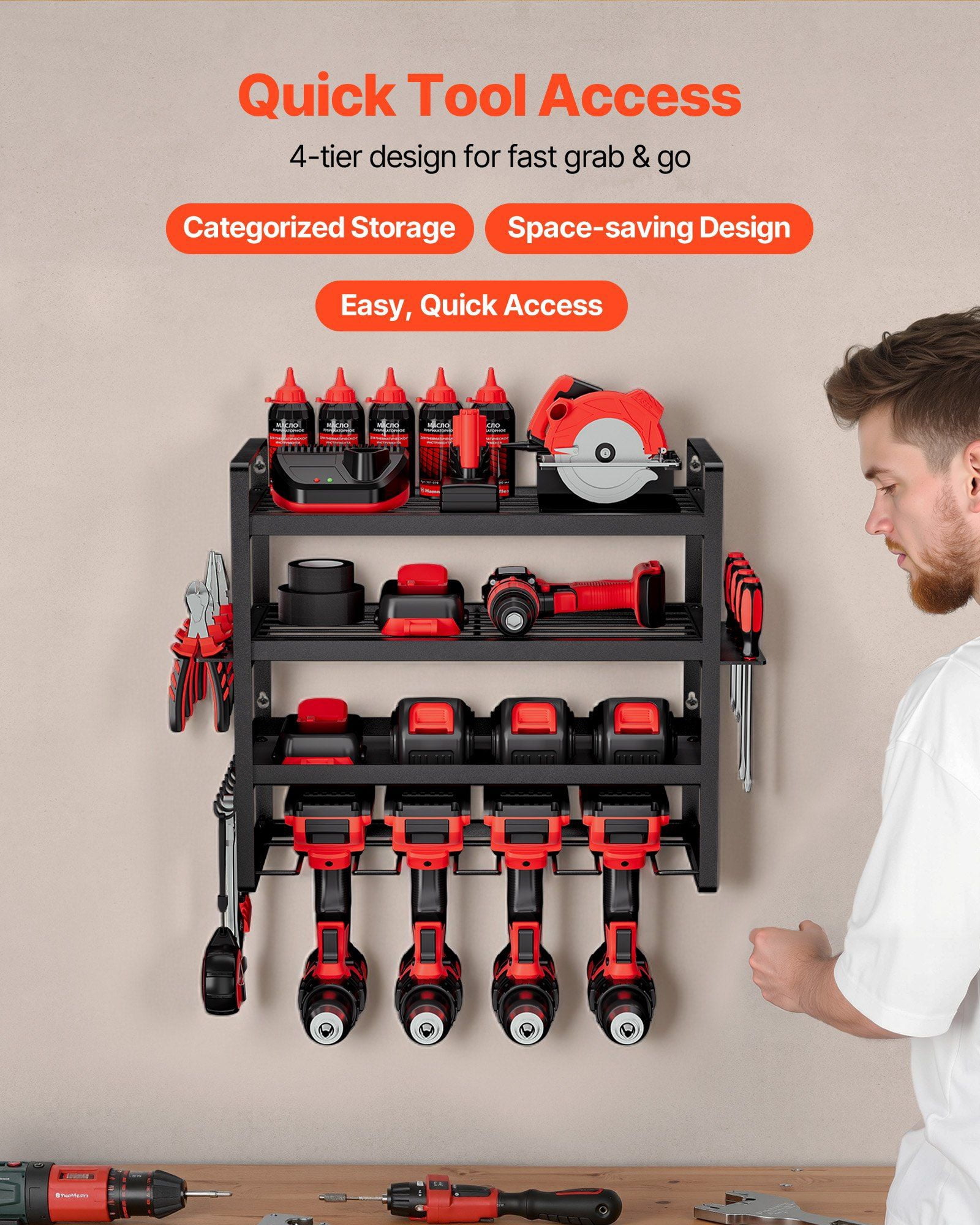 Power Tool Organizer Wall Mount, 4-Layer Storage Rack with 4 Drill Holders, Tools Holder and Storage Rack with Screwdriver Holder, Garage Tool Organizer for Garage, Workbench, and Workshop