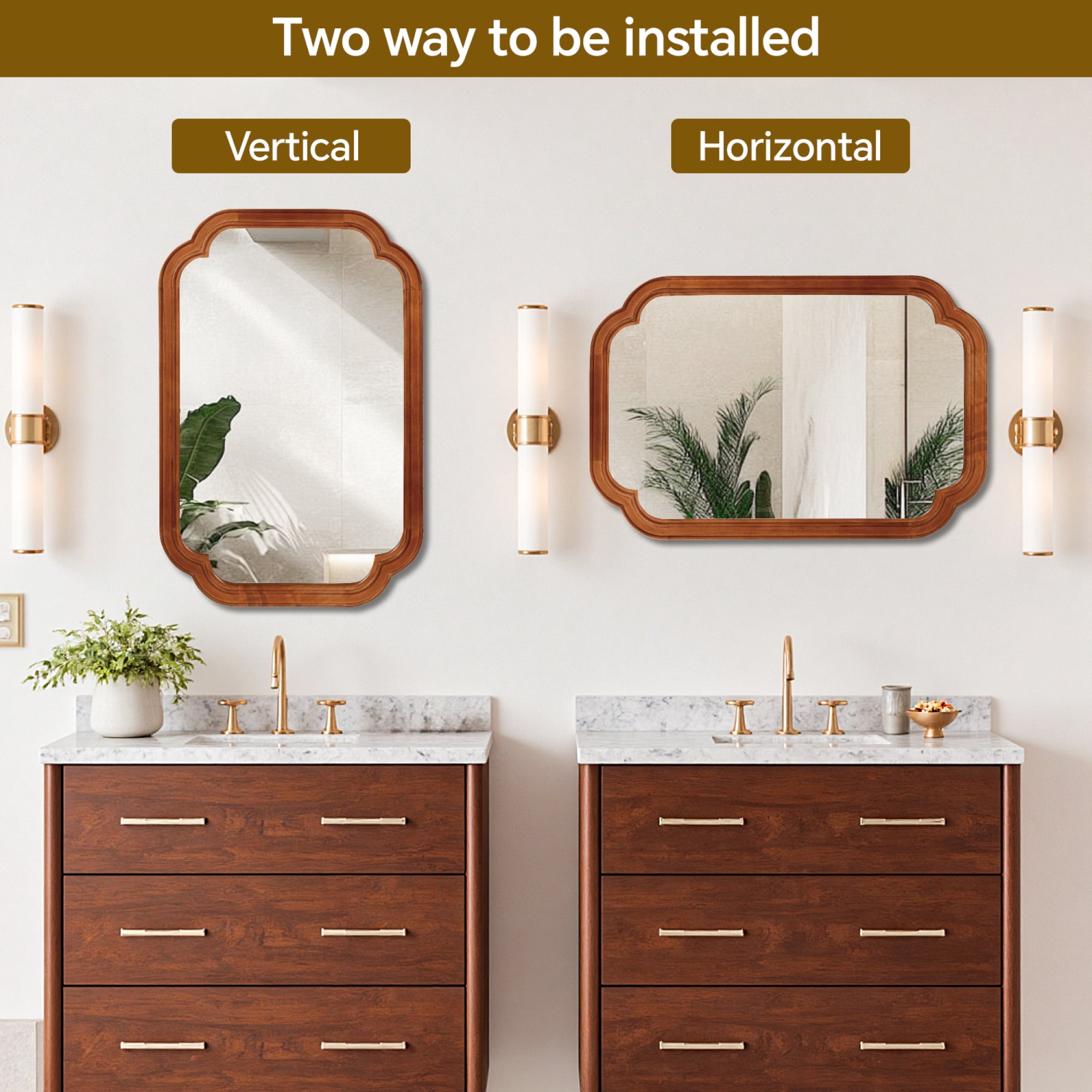 Leumius 24"x 36" Decorative Mirror, Solid Wood Frame Rounded Corner Mirror for Bedroom Bathroom Living Room Entryway Brown