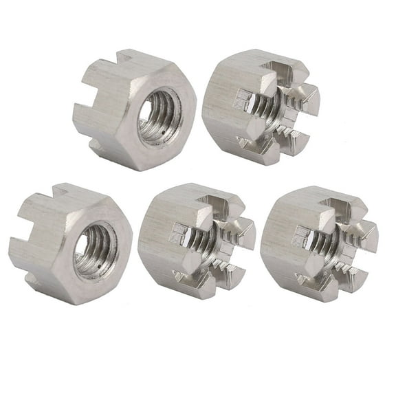 5pcs M8x1.25mm 304 Stainless Steel Hexagon Slotted Castle Nut Silver Tone
