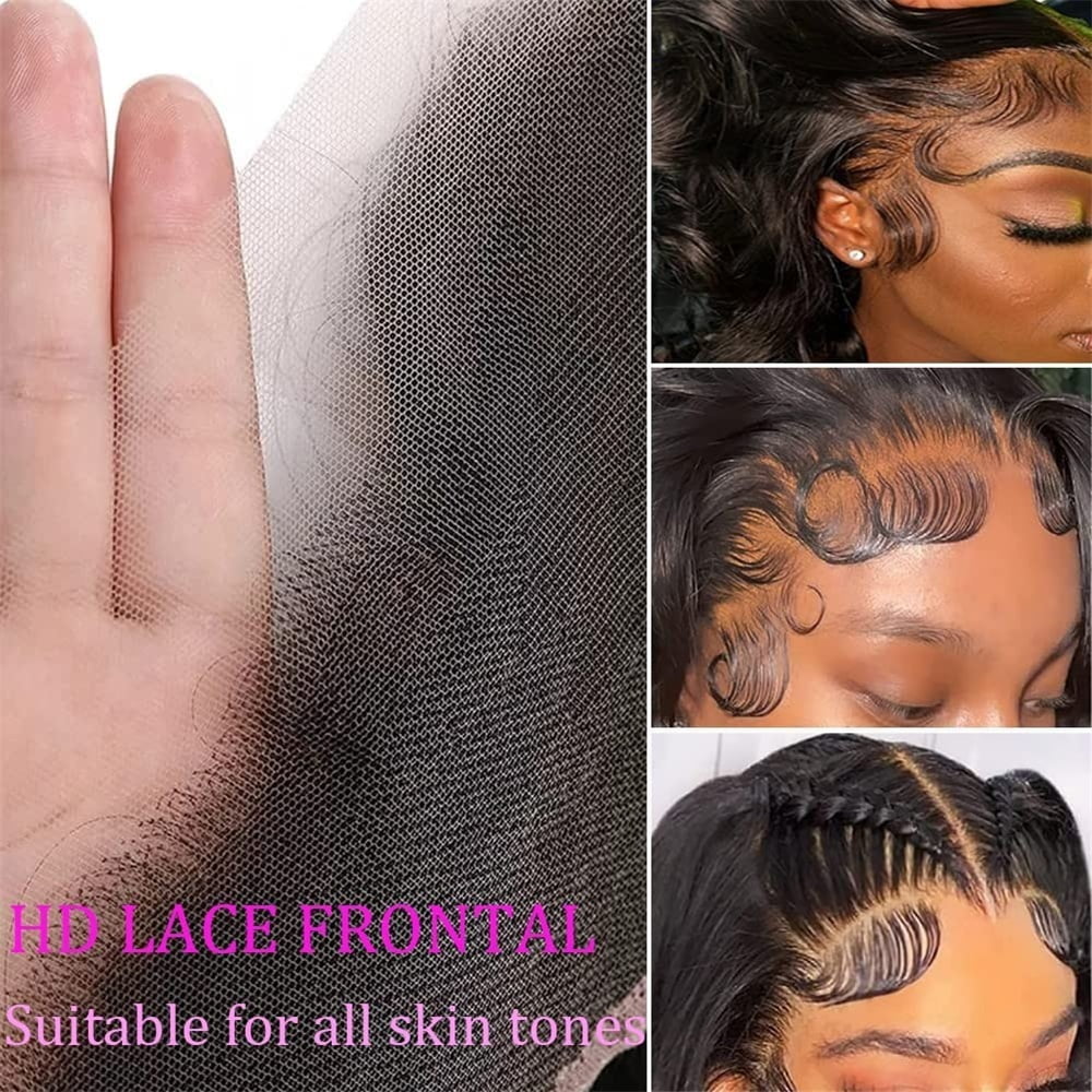 Body Wave 3/4 Bundles with Frontal, Natural Black Brazilian Human Hair Weave Bundles with 13x4 HD Lace Frontal Remy Hair Extensions
