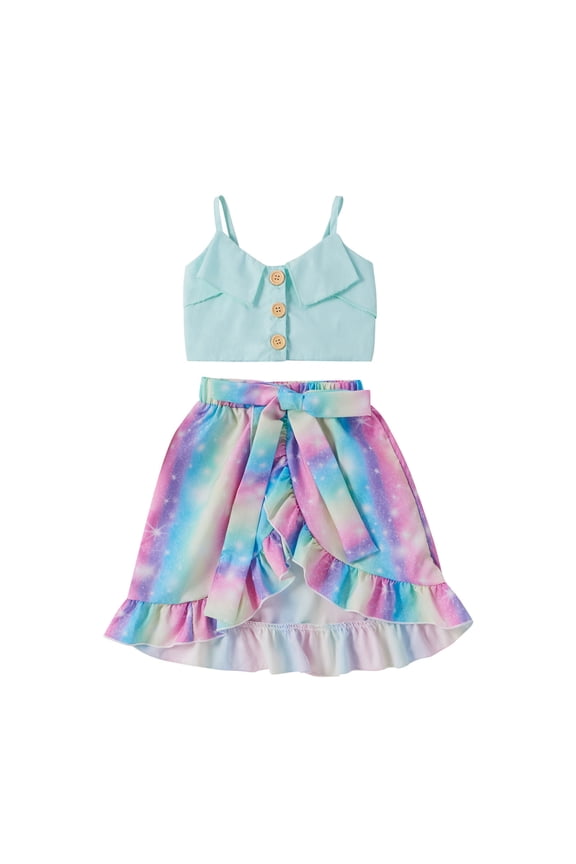 Toddler Girls Sleeveless Tops Rainbow Tie-Dyed Ruffles Skirt Suit