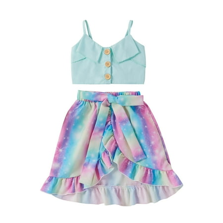 

Toddler Baby Girls Suspender Tops+Rainbow Tie-Dyed Printed Ruffles Skirt Outfits